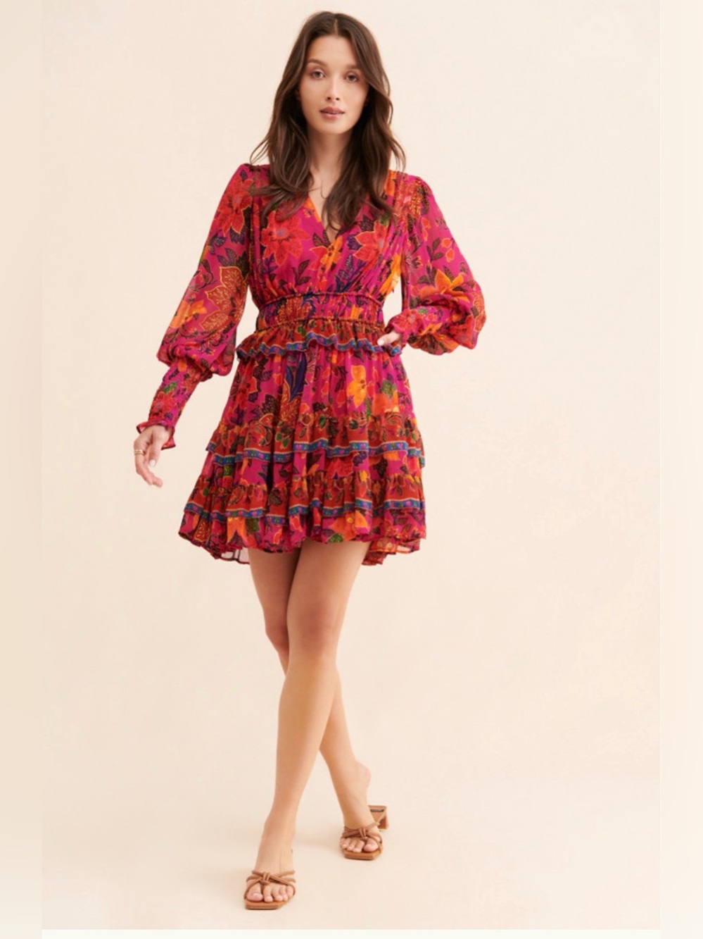 Farm Rio Tropical Tapestry Tiered Puff-Sleeve Mini Dress